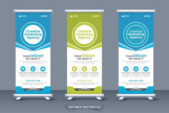 Creative marketing agency standee roll up banner vector with aqua and green colors. Business promotion and presentation banner design for marketing. Company advertisement roll up banner design.