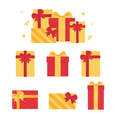 Set of cute red and yellow gift boxes. Flat vector illustration.	