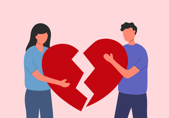 Broken heart concept vector illustration. Sad man and woman holding red broken heart pieces.