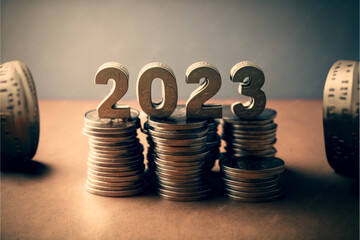 2023 on golden coins investment business concept, 3d render, 