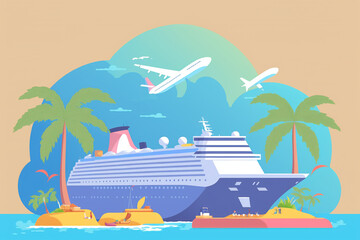 Cruise ship and planes, tourism trip planning world tour, leisure touring holiday summer concept, banner, flat vector illustration, generative art