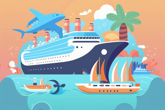 Cruise ship boats and plane, tourism trip planning world tour, leisure touring holiday summer concept, banner, flat vector illustration, generative art