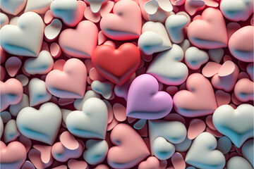 Multicolored candy heart background and texture banner, Valentines wallpaper with pink and purple and white love hearts, 3d render, generative art