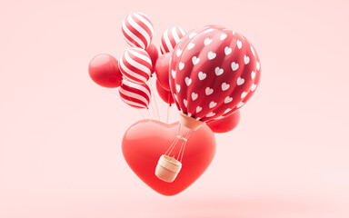 Hot air balloon and love heart shape, 3d rendering.