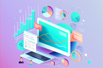 3D SEO Optimization, web analytics and seo marketing concept, graphs and charts coming out of computer. 3d render illustration, generative art