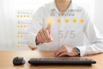 Customer review satisfaction, Customer touch-on screen monitor for giving feedback, Customer satisfaction Concept