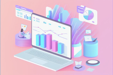 3D SEO Optimization, web analytics and seo marketing concept, graphs and charts on computer. 3d render illustration, generative art