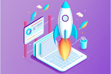 Rocket launching new product or service on laptop. money chart, business growth. Technology development process. Space rocket launch. 3d render, generative art