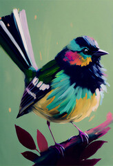 close up bird portrait sitting on a branch, with colorful paint strokes, generative ai 