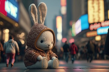 Sad teddy bear bunny sitting with a hoodie. Times square background. Illustration generated by AI.