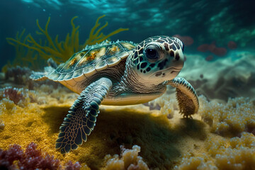 Baby turtle under the sea water. Sea turtle in wild nature. Underwater photo with tortoise. Generative AI