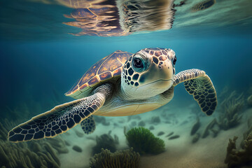 Baby turtle under the sea water. Sea turtle in wild nature. Underwater photo with tortoise. Generative AI