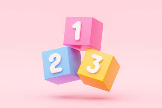 Preschool number 123 block 3d icon isolated on illustration background of one two three education cube brick concept or school learn child play toy sign and kid math count box simple study symbol.