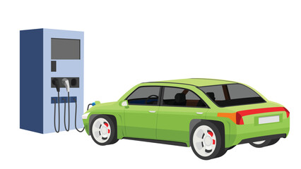 Perspectives electric vehicle sport car charging parking at the charger station with a plug in cable. Charging in the front of car to battery. Isolated flat vector illustration on white background.