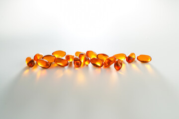 Soft gel, Close up of oil filled capsules, suitable for presenting food supplements : fish oil,...