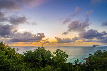 Sunset viewed from the top of Pointe Millers on Praslin island, Seychelles	
