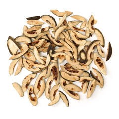 Dried bitter orange used in chinese herbal medicine isolated over white background. Zhi Ke, Fructus citri Aurantii. White background