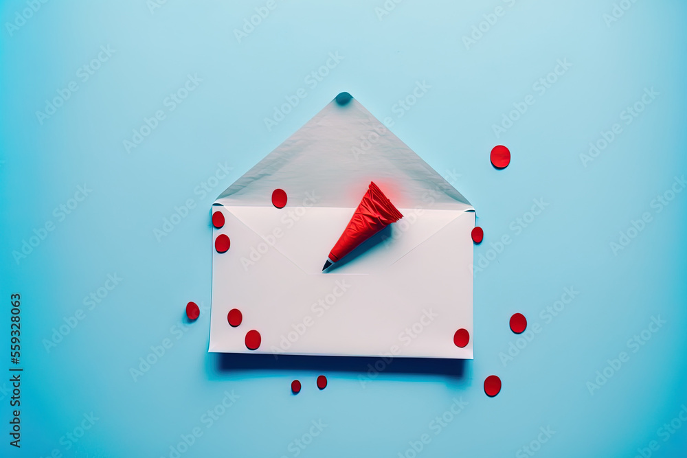 Aufkleber blue backdrop and red marker writing on a white letter envelope. envelope dropping on the floor. not