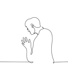 man peeking through the peephole putting his palms on the door - one line drawing vector. concept peek through the peephole