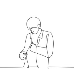 man takes something out of the inside pocket of his jacket - one line drawing vector. concept to get something small and valuable from a hidden pocket
