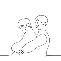 man hugged another from behind - one line drawing vector. concept Friendly comfortable supportive hugs