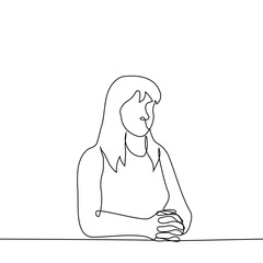 woman sits with a straight back at the table with her hands folded, she listens attentively or observes - one line drawing vector. concept attentive listener or spectator, obedient student