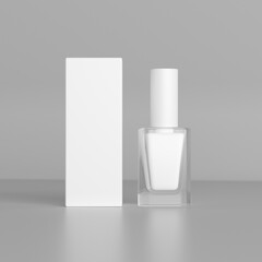 3d rendering of empty white bottle of nail polish and white box mockup to show package design