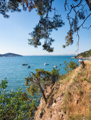 Beautiful panoramic view of the Black Sea with yachts and the city in the background. Rocky coast with trees and pines on a sunny summer day.