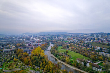 Fototapeta na wymiar Aerial view of City of Zürich with skyline and panoramic view on a gray and cloudy late afternoon. Photo taken November 12th, 2022, Zurich, Switzerland.
