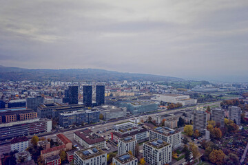 Obraz premium Aerial view of City of Zürich with skyline and panoramic view on a gray and cloudy late afternoon. Photo taken November 12th, 2022, Zurich, Switzerland.