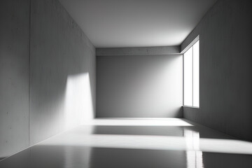 Industrial interior backdrop template with an abstracted empty contemporary concrete room with top down indirect lighting, a plated back wall, sun window shadow, and polished floor. Generative AI