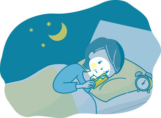 夜ベッドの中でスマホを見る不安な顔の中年女性