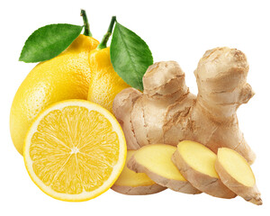 Ginger and Lemon isolated on white background, clipping path, full depth of field