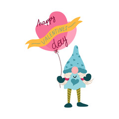 The dwarf is holding a heart-shaped balloon. Perfect for sticker kit, scrapbooking, party invitation. Editable stroke. Vector illustration.