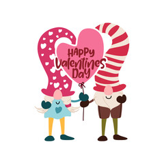 Two Gnomes with a heart-shaped balloon. Perfect for sticker kit, scrapbooking, party invitation, gift tag. Editable stroke. Vector illustration.