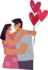 Valentines day characters of loving romantic couple hugging and exchanging gifts.