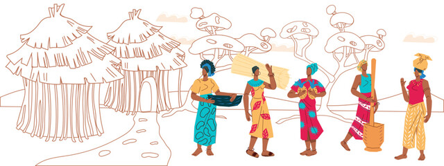 Naklejka premium African village and women in ethnic clothes for travel and vacation banners and posters. African women in village with huts, flat hand drawn vector illustration isolated on white.