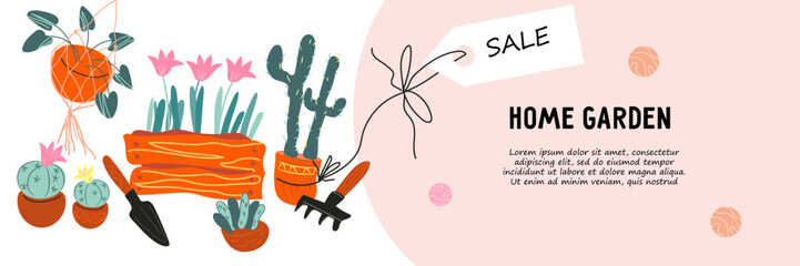 Growing indoor plants and home gardening, hobbies and activities. Flyer or banner template for flower shops and gardeners websites, cartoon vector illustration on white background.