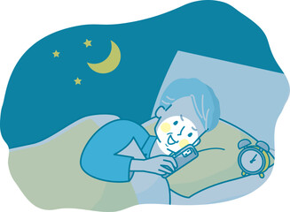 夜ベッドの中でスマホを見るシニア男性のイラスト