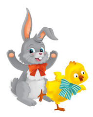 Obraz na płótnie Canvas playful easter rabbit and chicken having fun isolated illustration