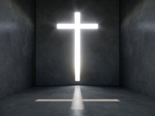 christian light cross in the dark room, 3d rendering
