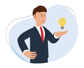 Fototapeta na wymiar cartoon man with a light bulb in his hand. cartoon businessman with light bulb in his hand. concept of finding ideas