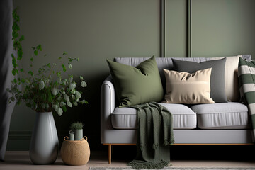 The living room's beautiful arrangement includes a green wall, a gray sofa with a modern design, a coffee table, a vase, and elegant personal items. Pillow in beige and checkered. cozy residence Templ