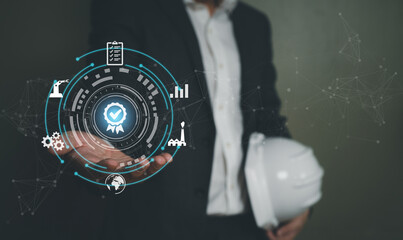 Businessman show thumbs up with icon that show top service quality standard in business or...