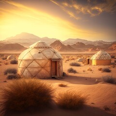 Yurts in the Central Asia landscape, example of nomadic living. Generative AI.