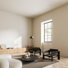 Light relax interior with couch and armchair with window. Mockup empty wall