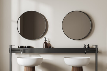 Light bathroom interior with washbasins and mirror, accessories on shelf