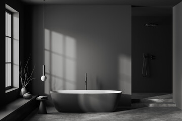 Fototapeta na wymiar Front view on dark bathroom interior with large bathtub, window