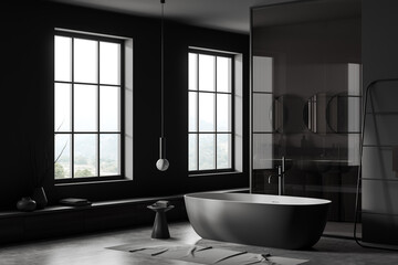 Dark bathroom interior with tub and glass partition, panoramic window