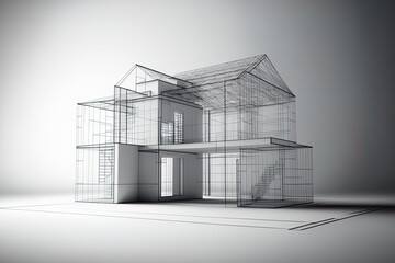 a white backdrop with an isolated wireframe home rising over the floorplan. Generative AI